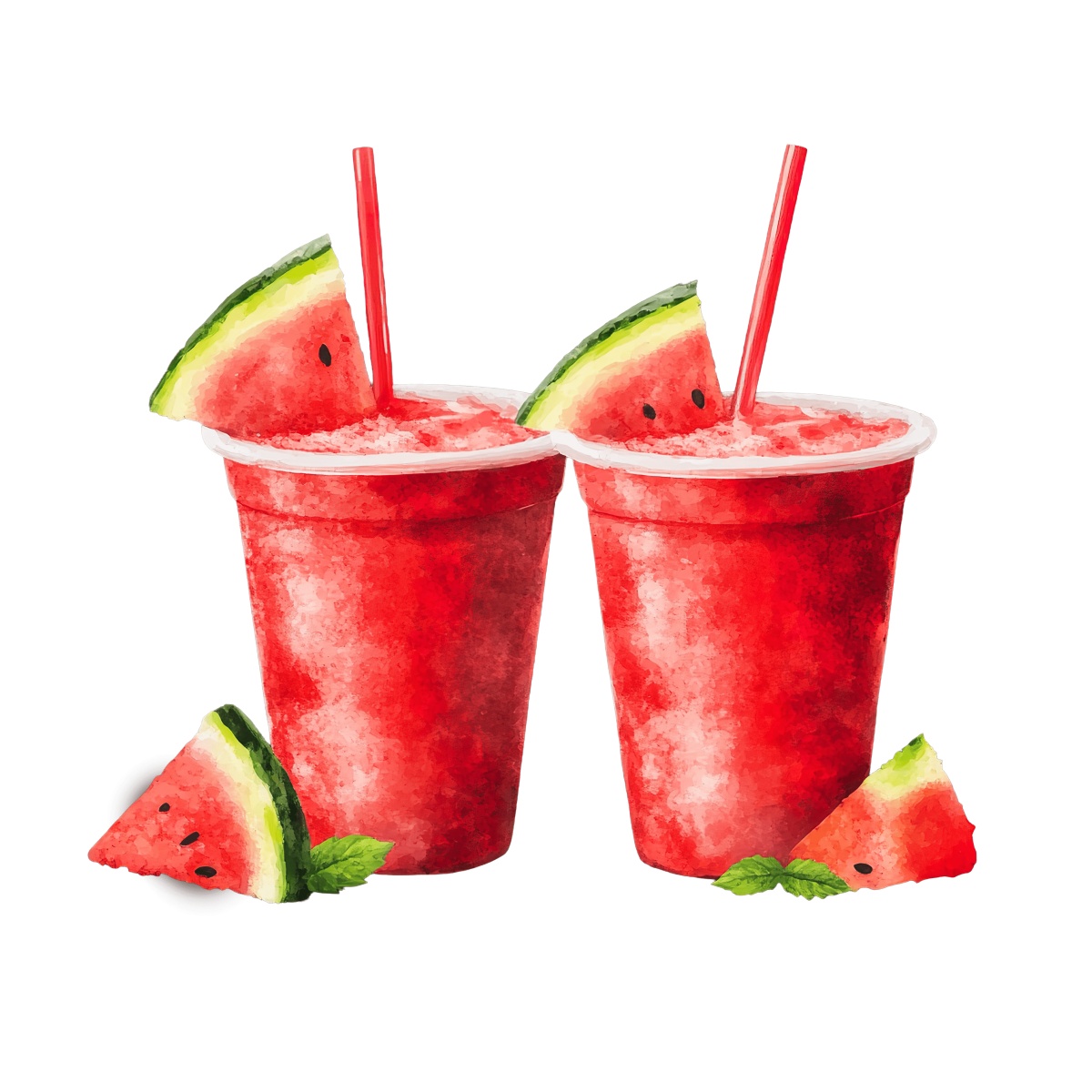 Two watermelon slushies in cups with slices and red straws
