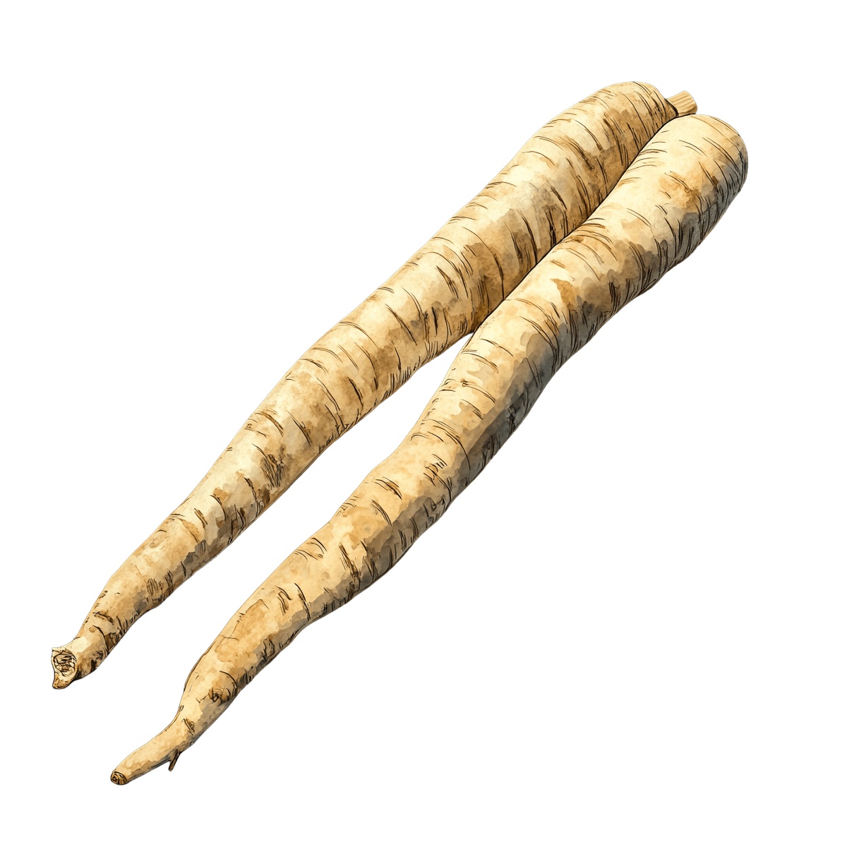 Two whole parsnips with textured skin and tapered ends.