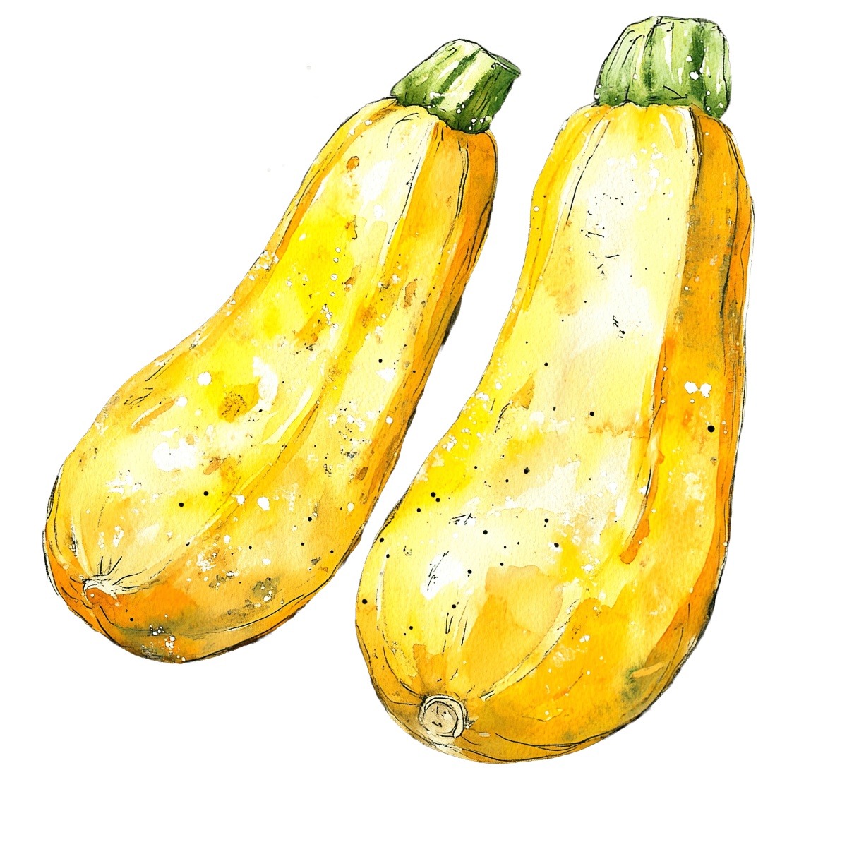 Two yellow squash with green stems in a watercolor style