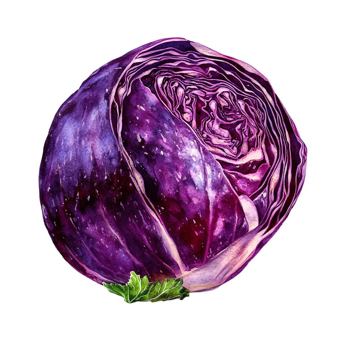 Purple cabbage half with detailed layers and vibrant color.
