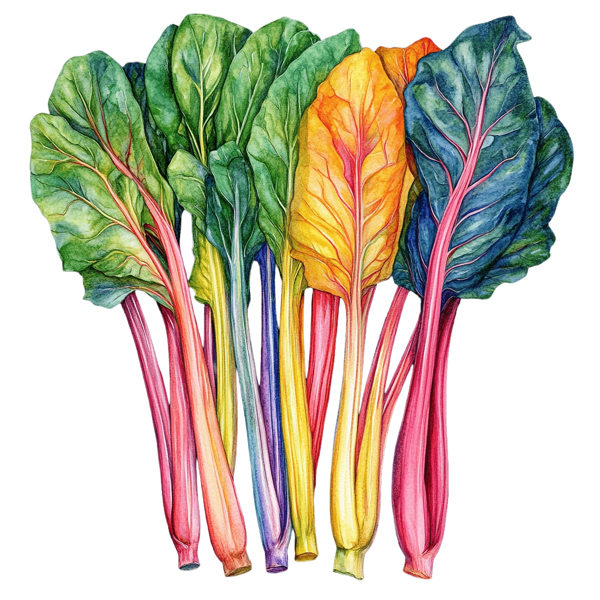 Swiss chard stalks in multiple colors with green leafy tops.