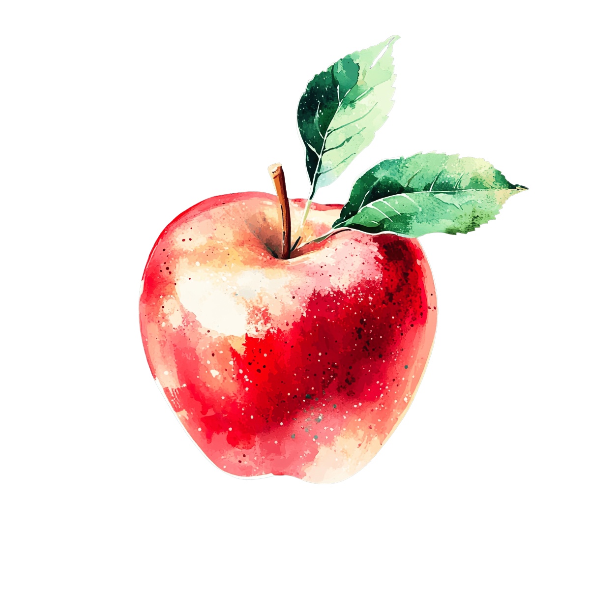 Watercolor red apple with green leaves and a brown stem.