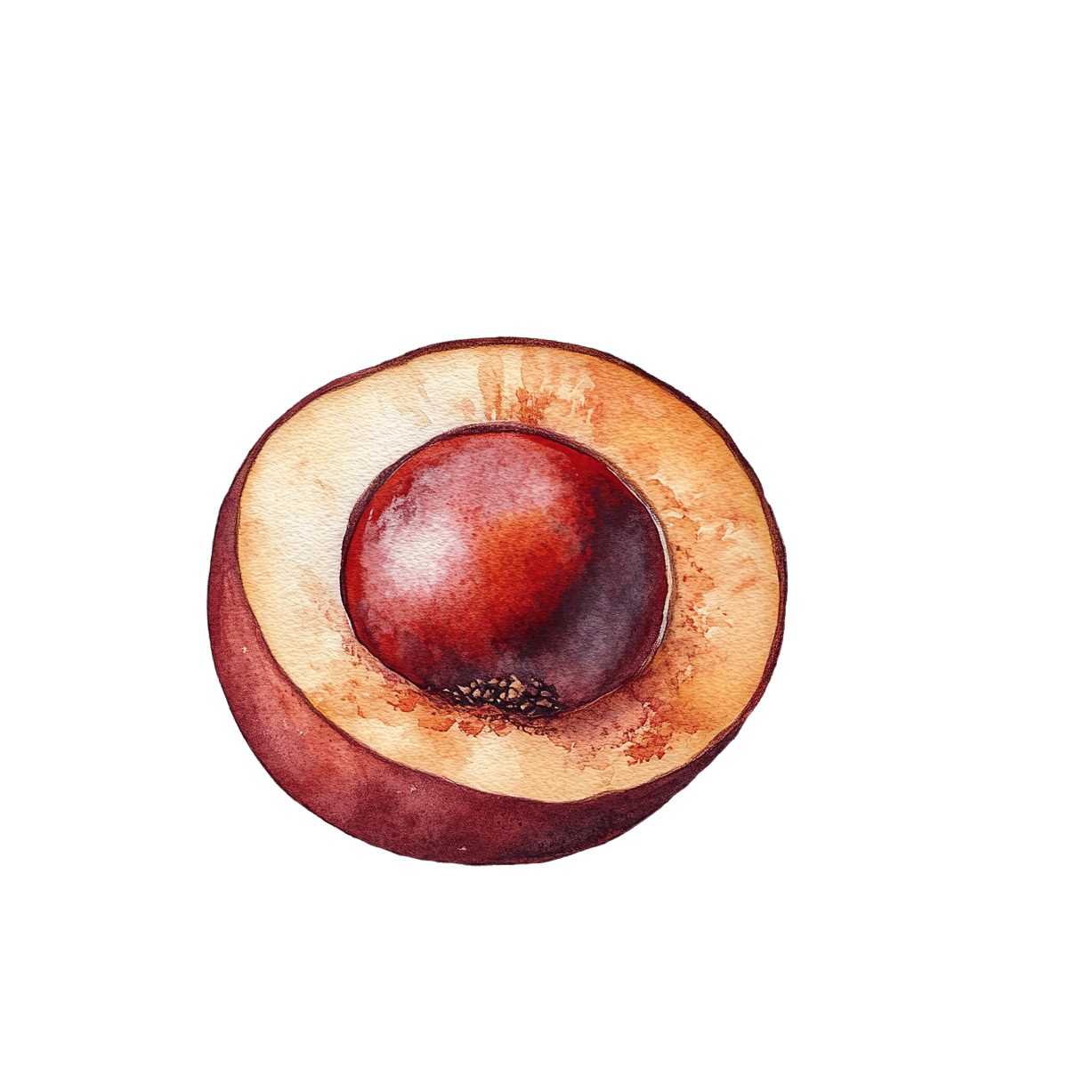Watercolor art of a halved peach showing its seed.