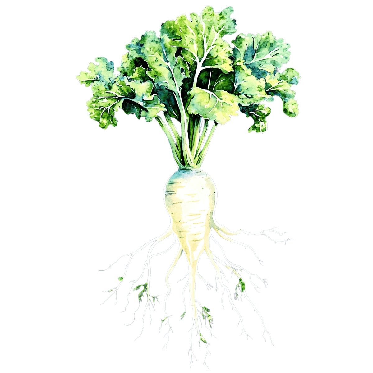 Watercolor art of a white radish with green leaves