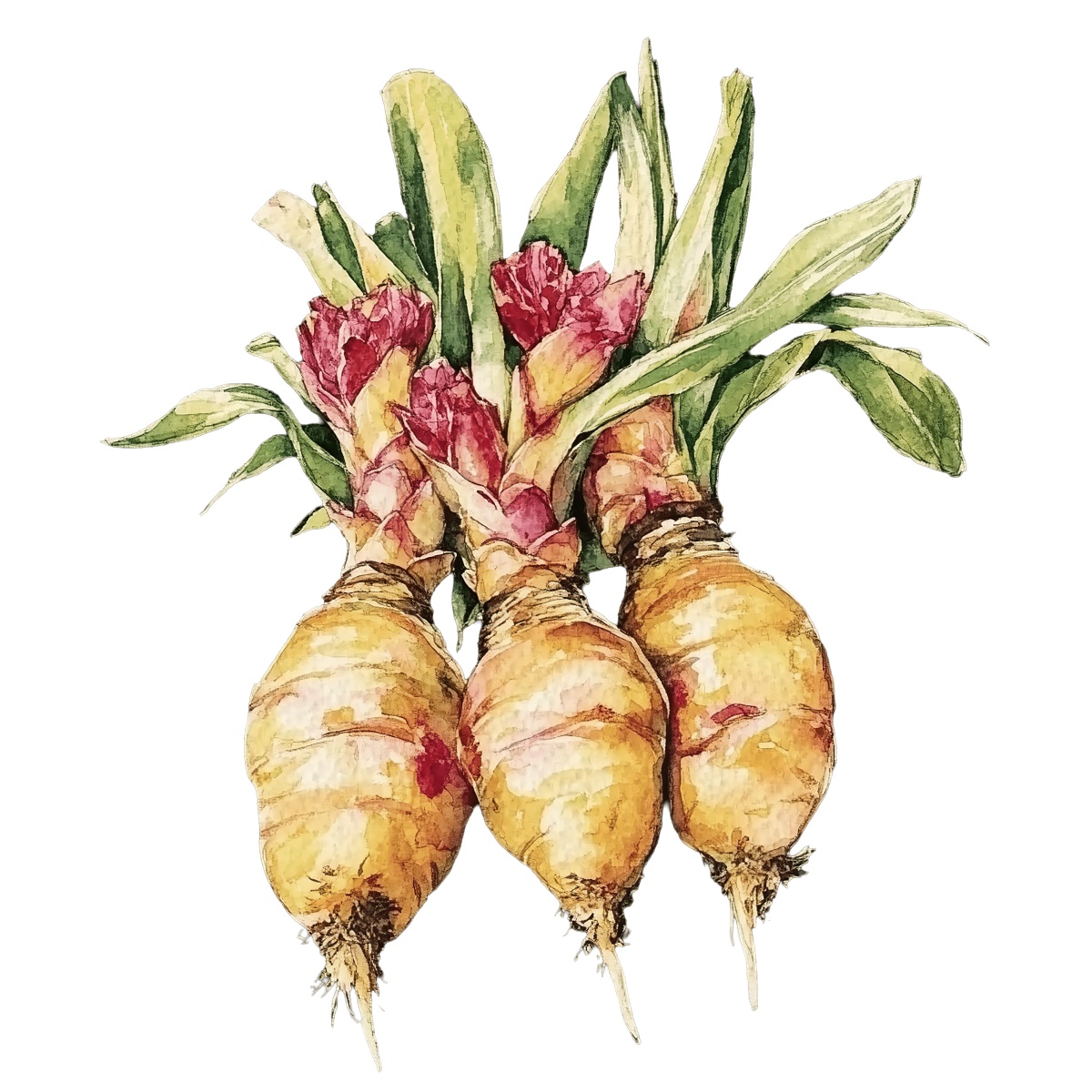 Watercolor art of ginger roots with green leaves.