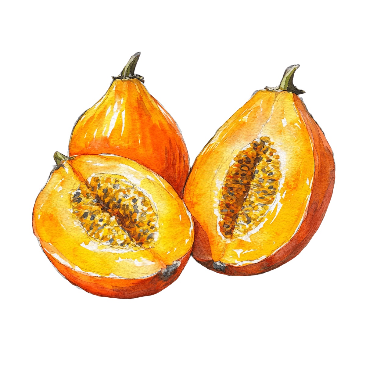 Watercolor art of whole and halved papayas with seeds visible.