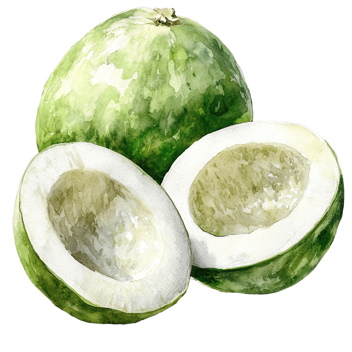 Watercolor art of a whole green melon and two halved pieces