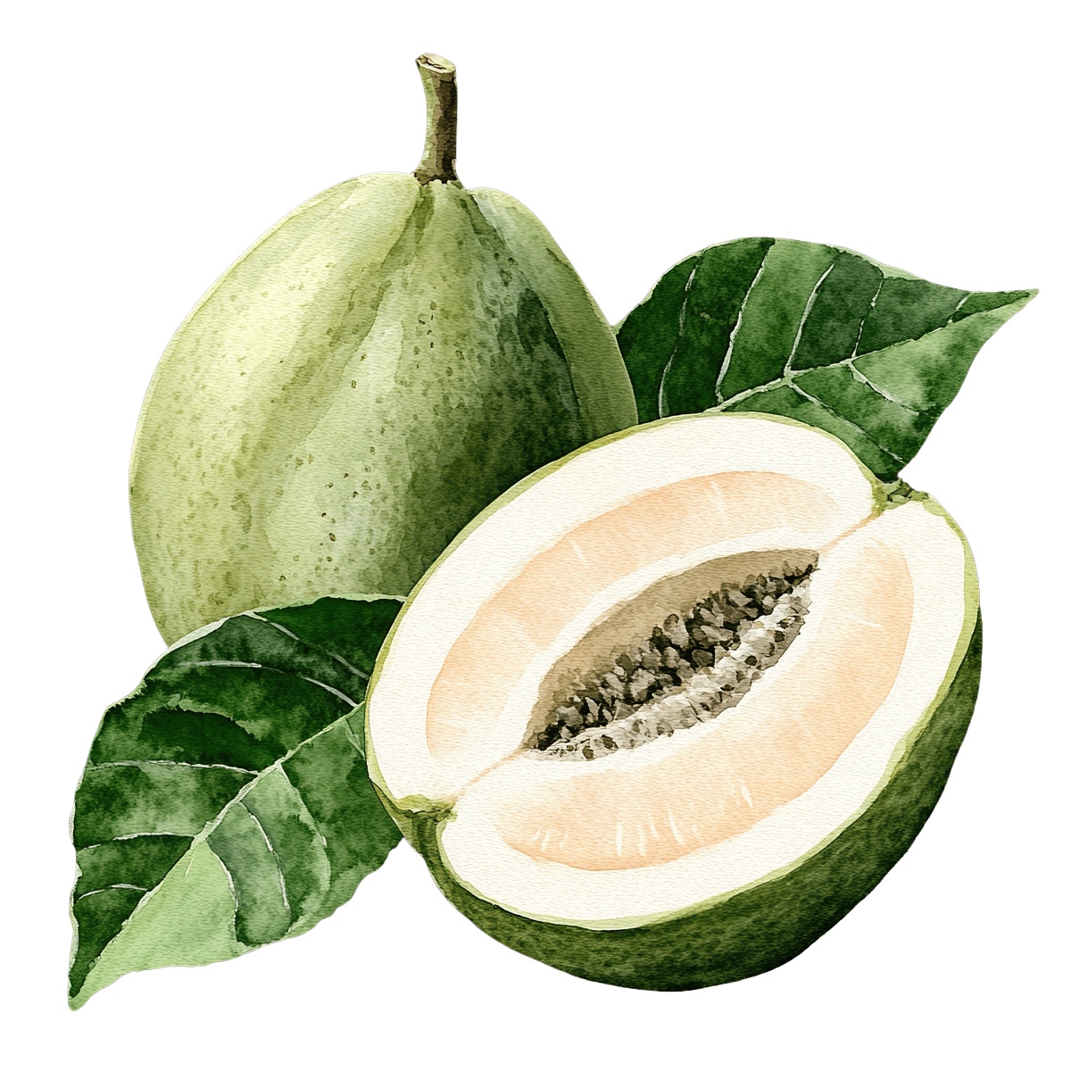 Watercolor guava fruit with whole and sliced sections and green leaves