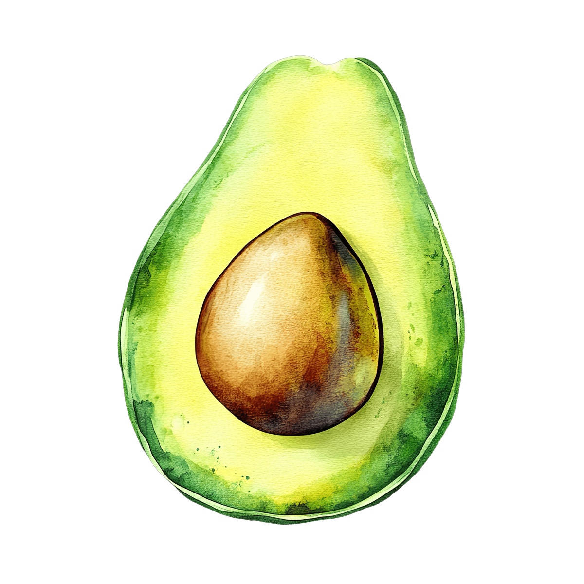 Watercolor art of an avocado half with a visible seed.