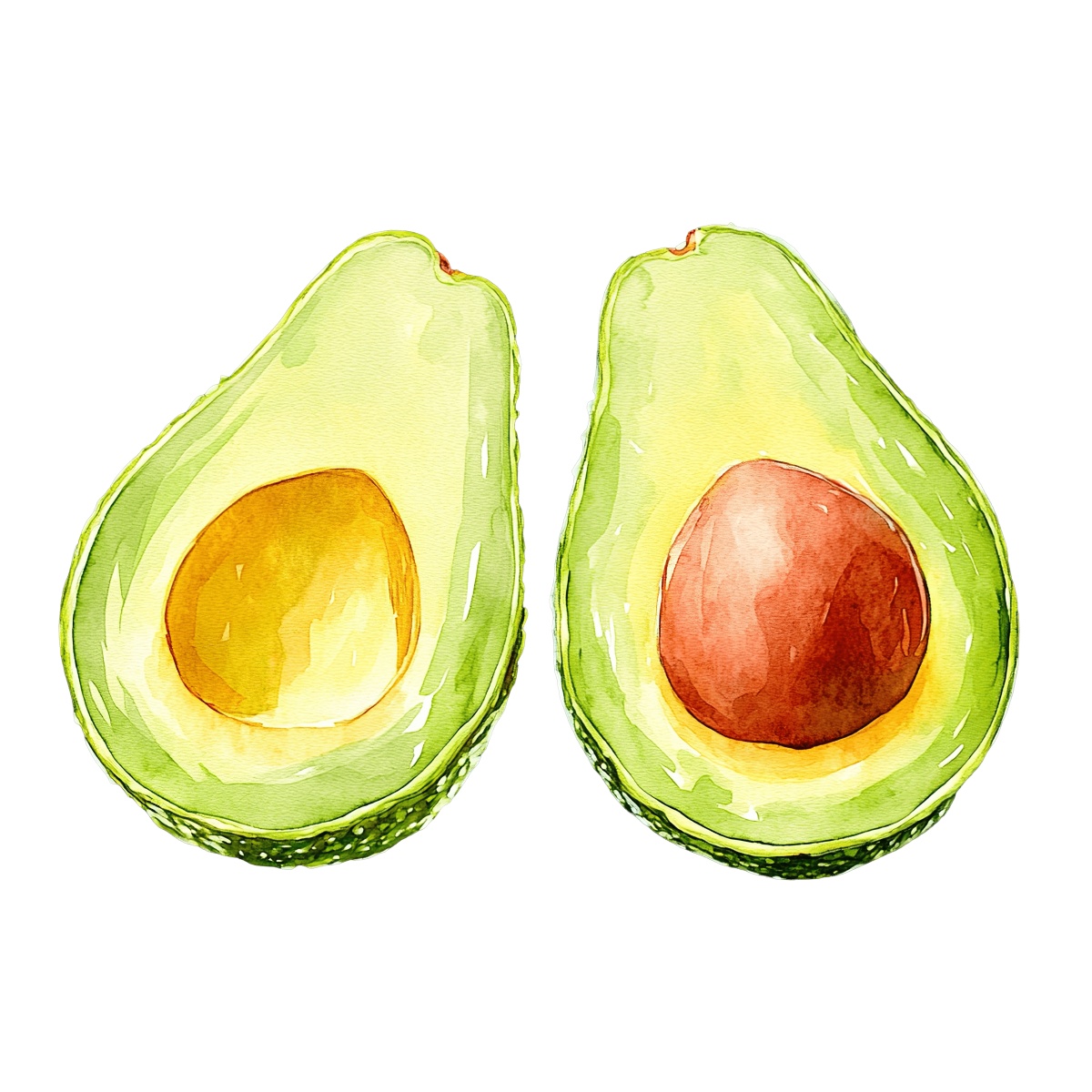 Watercolor art of two avocado halves with seed and flesh.