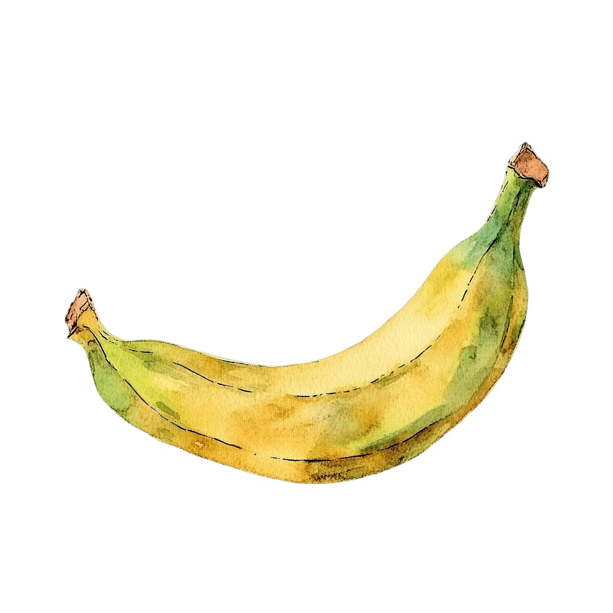 Watercolor banana with green and yellow hues in a realistic style.