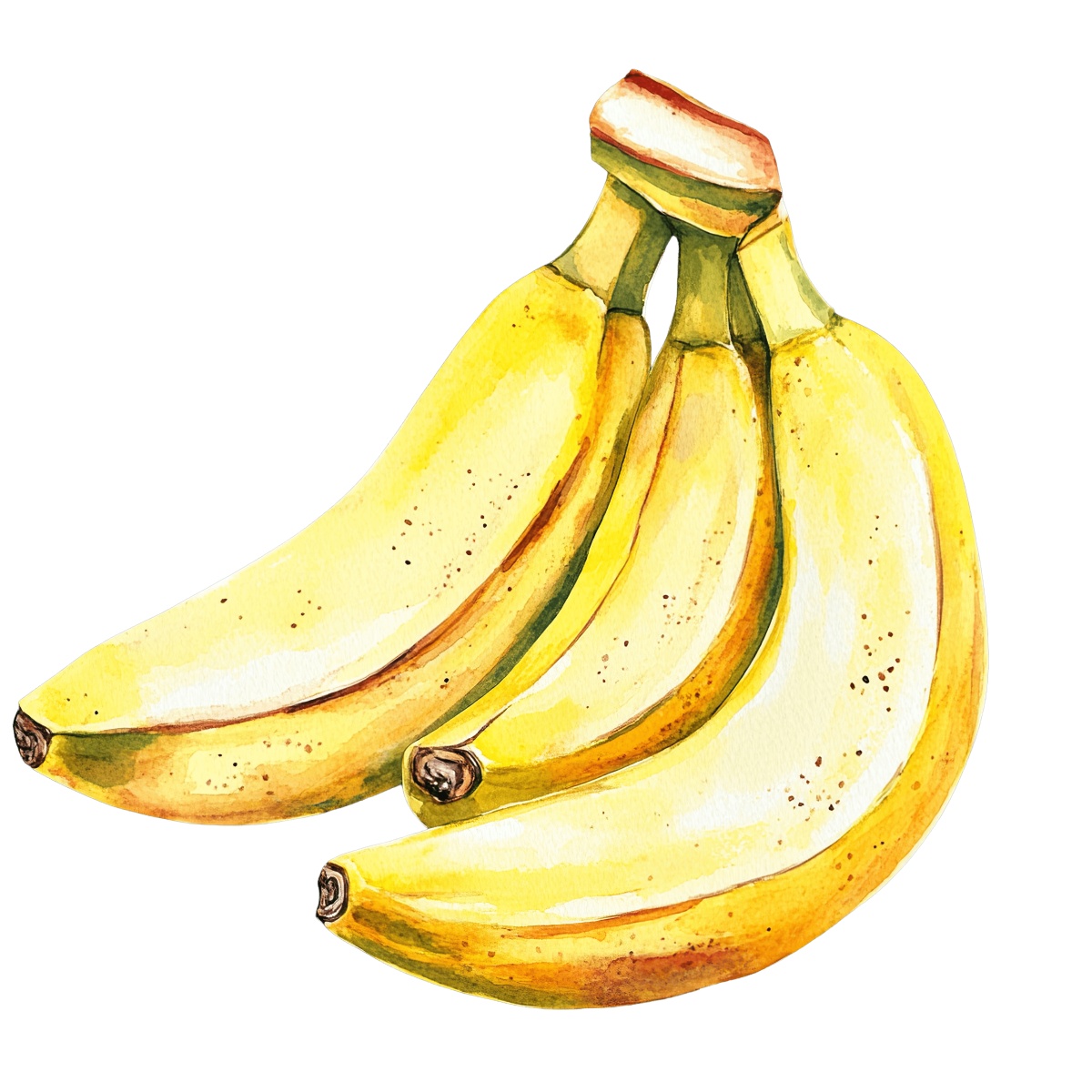 Watercolor art of a bunch of ripe yellow bananas.