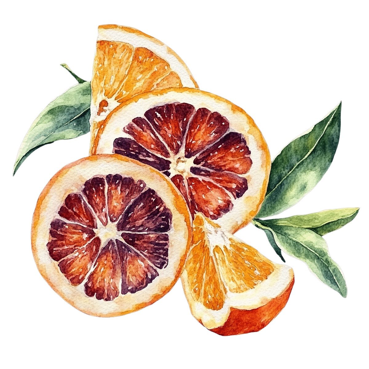 Watercolor blood oranges with green leaves on a