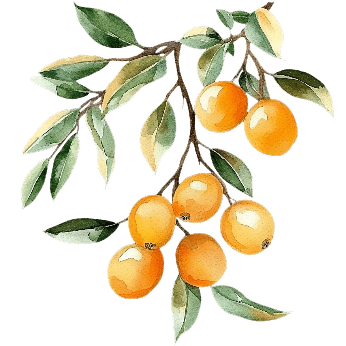 Watercolor branch with orange fruits and green leaves depicted