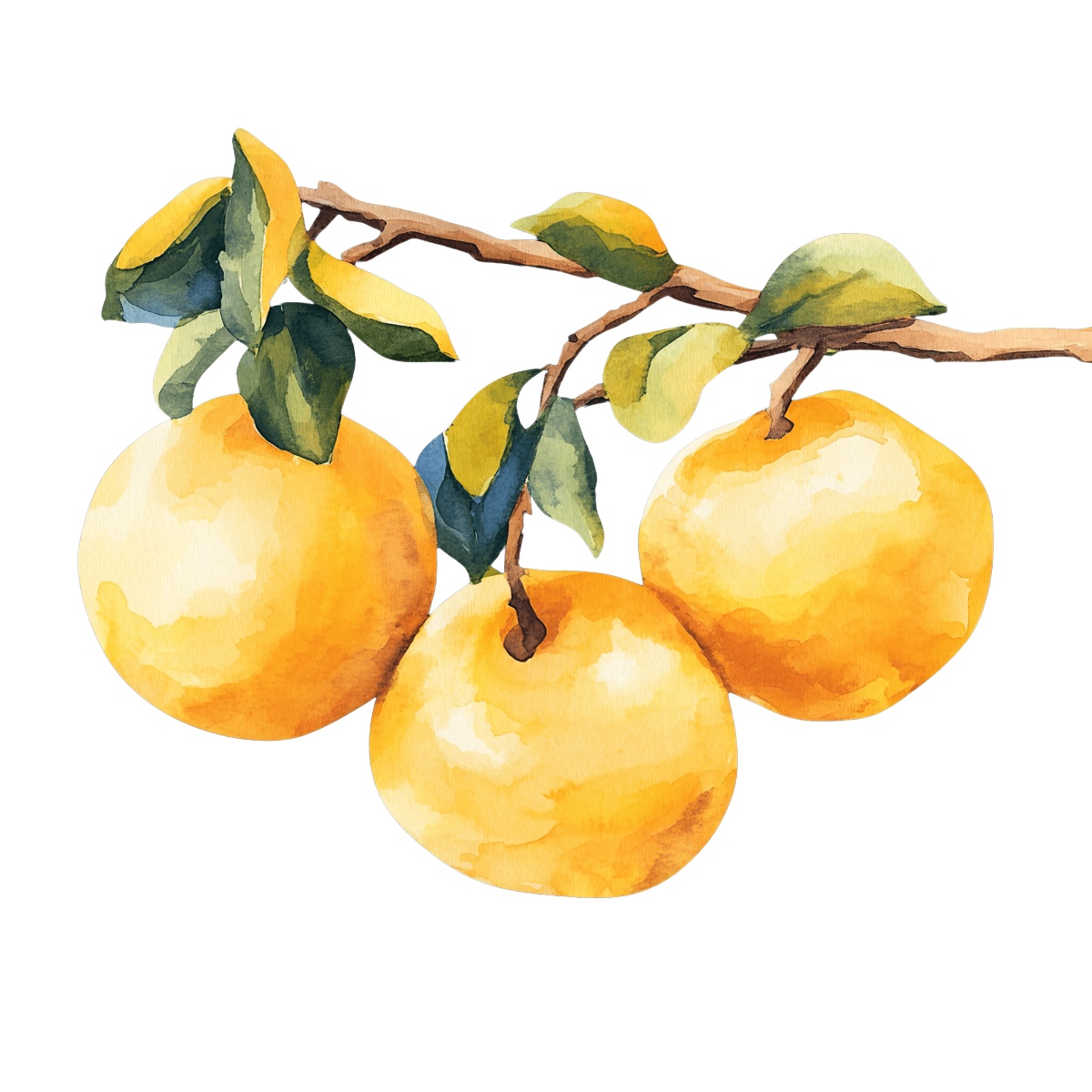 Watercolor art of three yellow oranges on a branch with leaves.