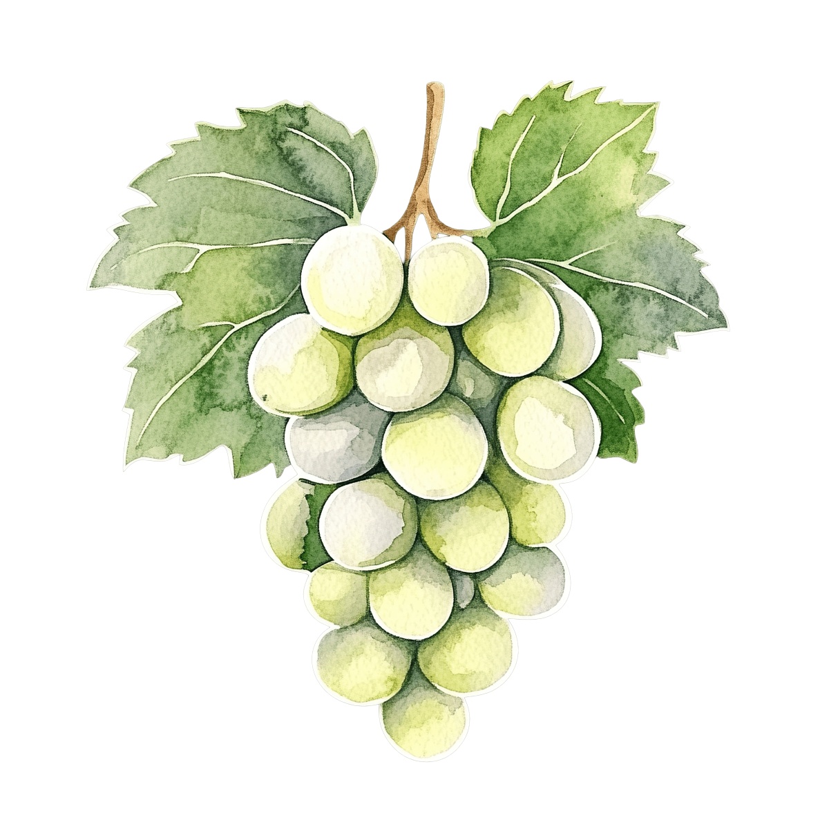 Watercolor art of a bunch of green grapes with leaves