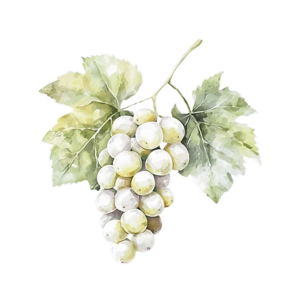 Watercolor style bunch of green grapes with leaves depicted