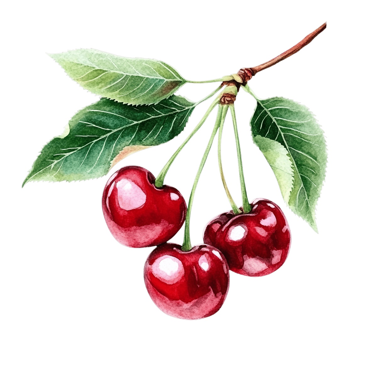 Three red cherries with green leaves on a branch in watercolor style.