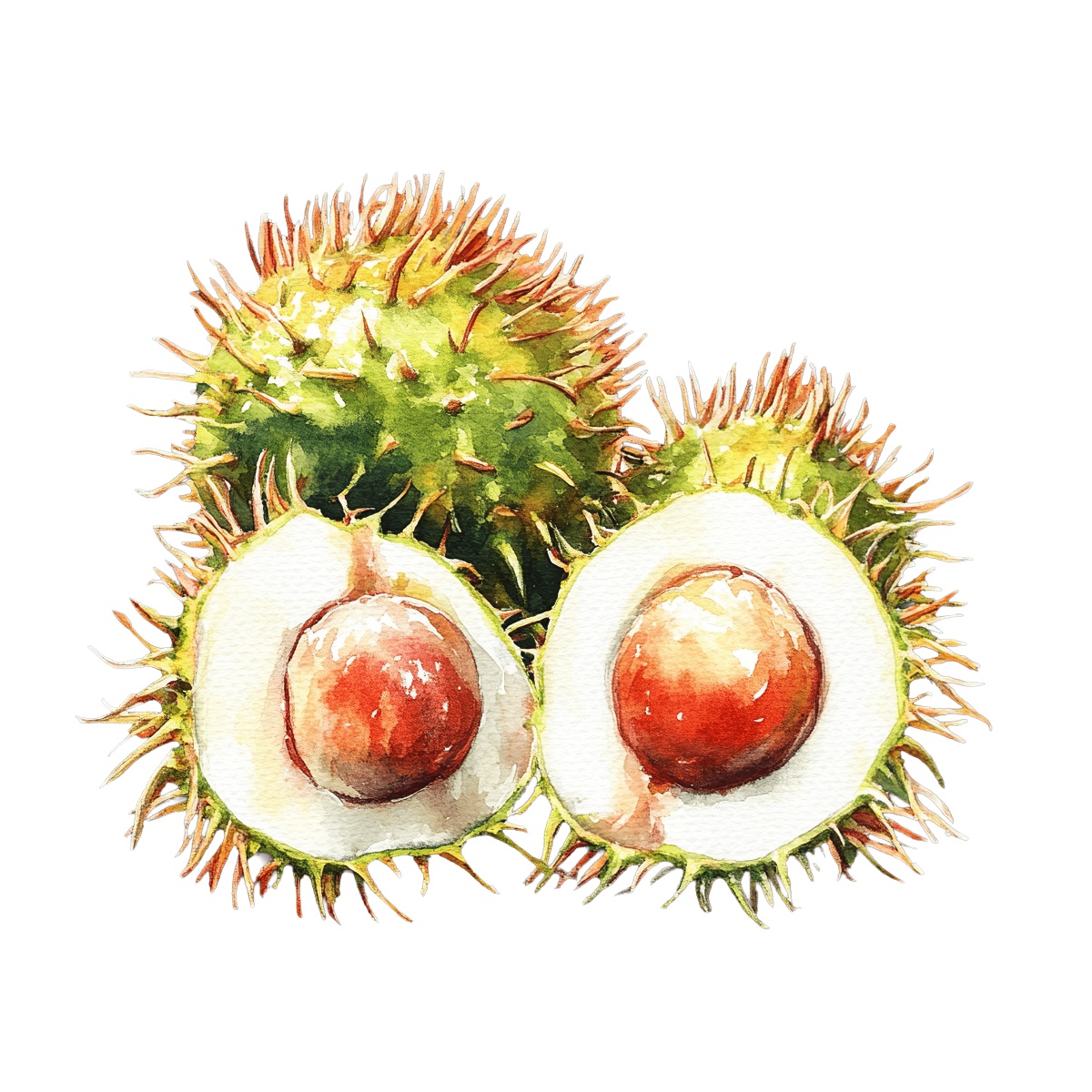 Watercolor chestnuts with spiky green shells and brown nuts depicted