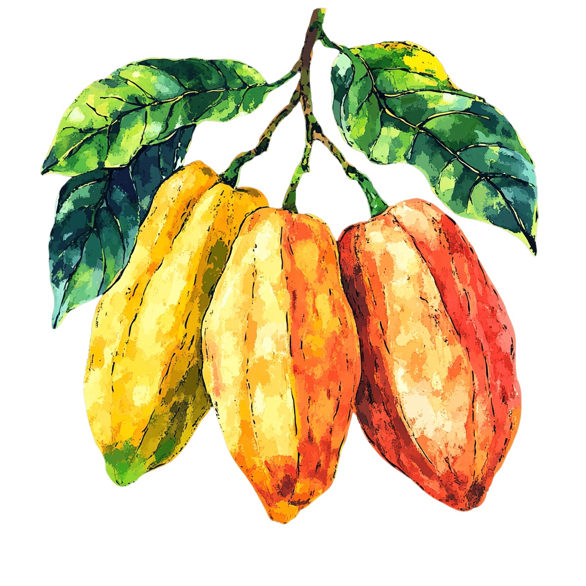 Colorful watercolor cocoa pods with green leaves in detailed clipart.