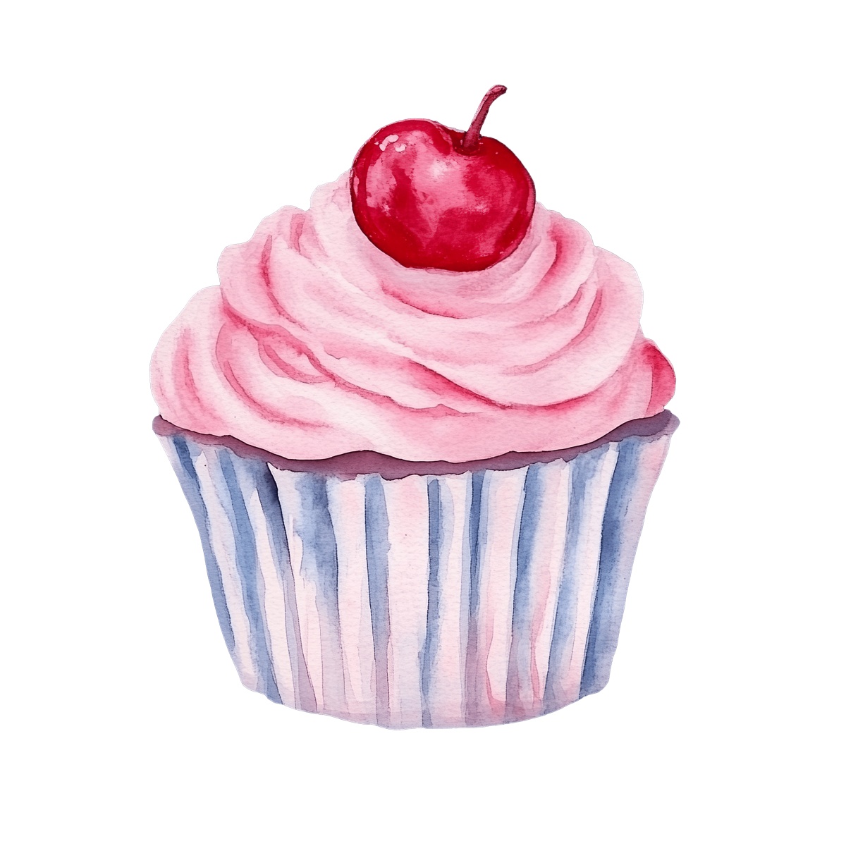 Cupcake with pink frosting and a cherry, watercolor style