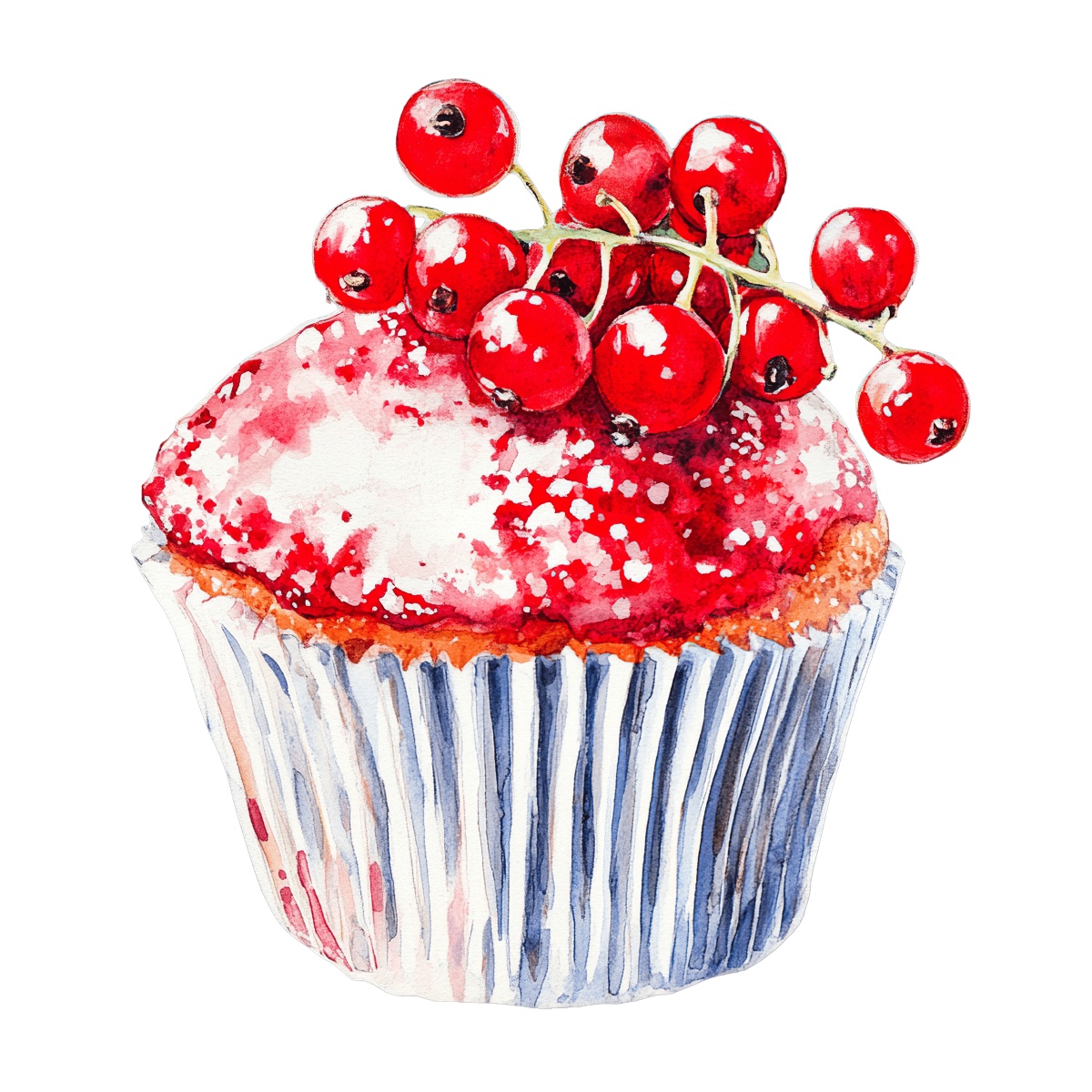 Watercolor cupcake topped with red currants in a silver wrapper.