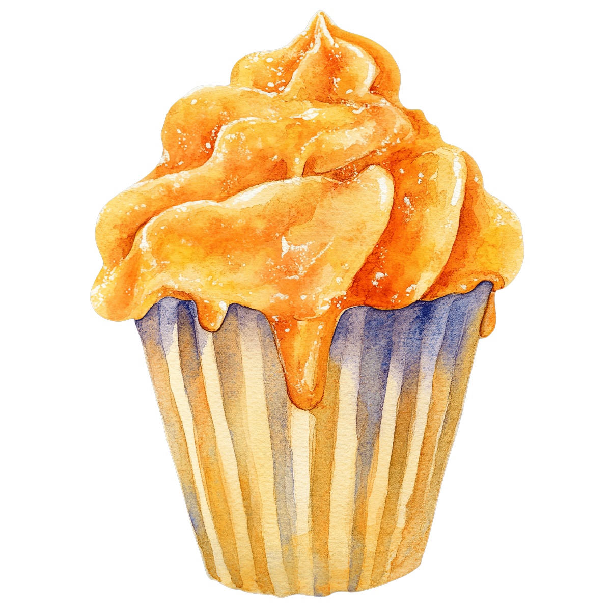 Watercolor cupcake with orange frosting and striped wrapper.