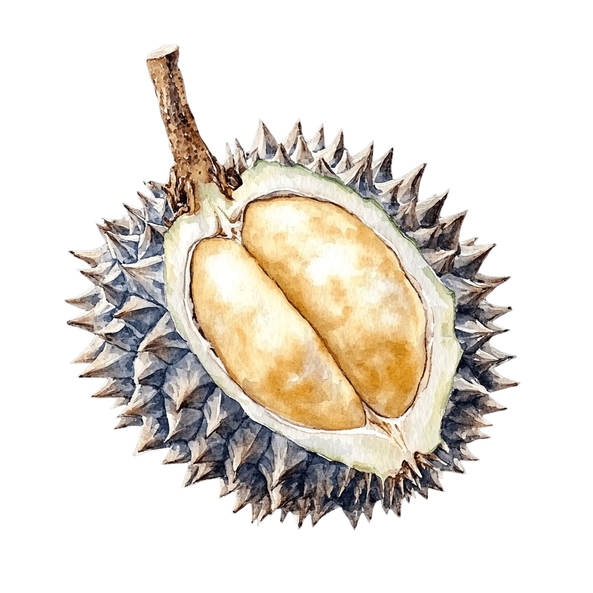 Watercolor depiction of a durian fruit with spiky shell and creamy flesh