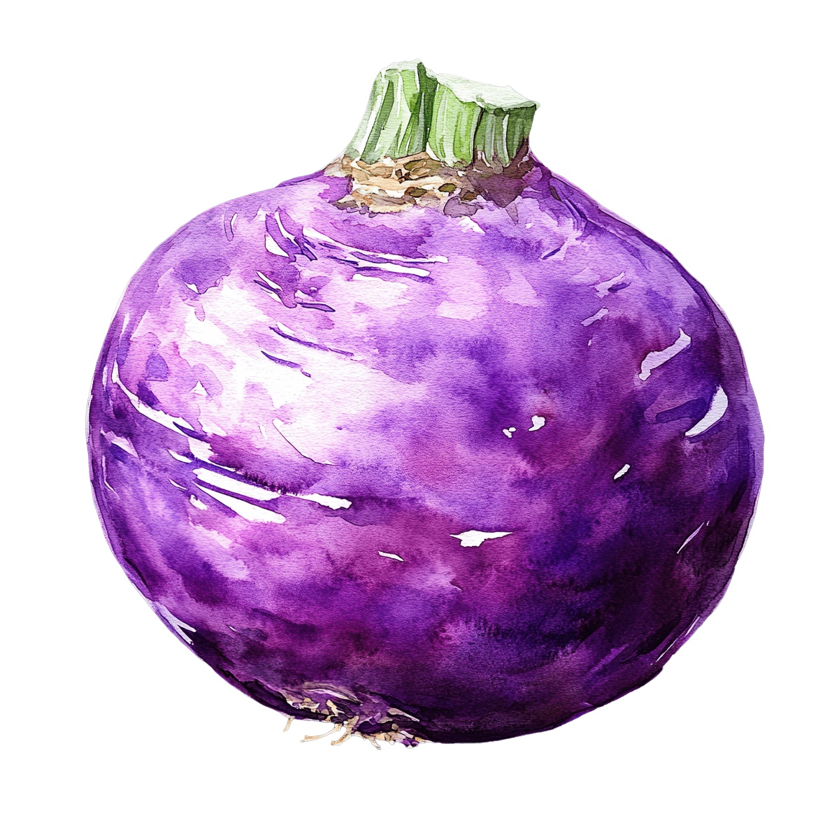 Watercolor eggplant with purple texture and green stem.