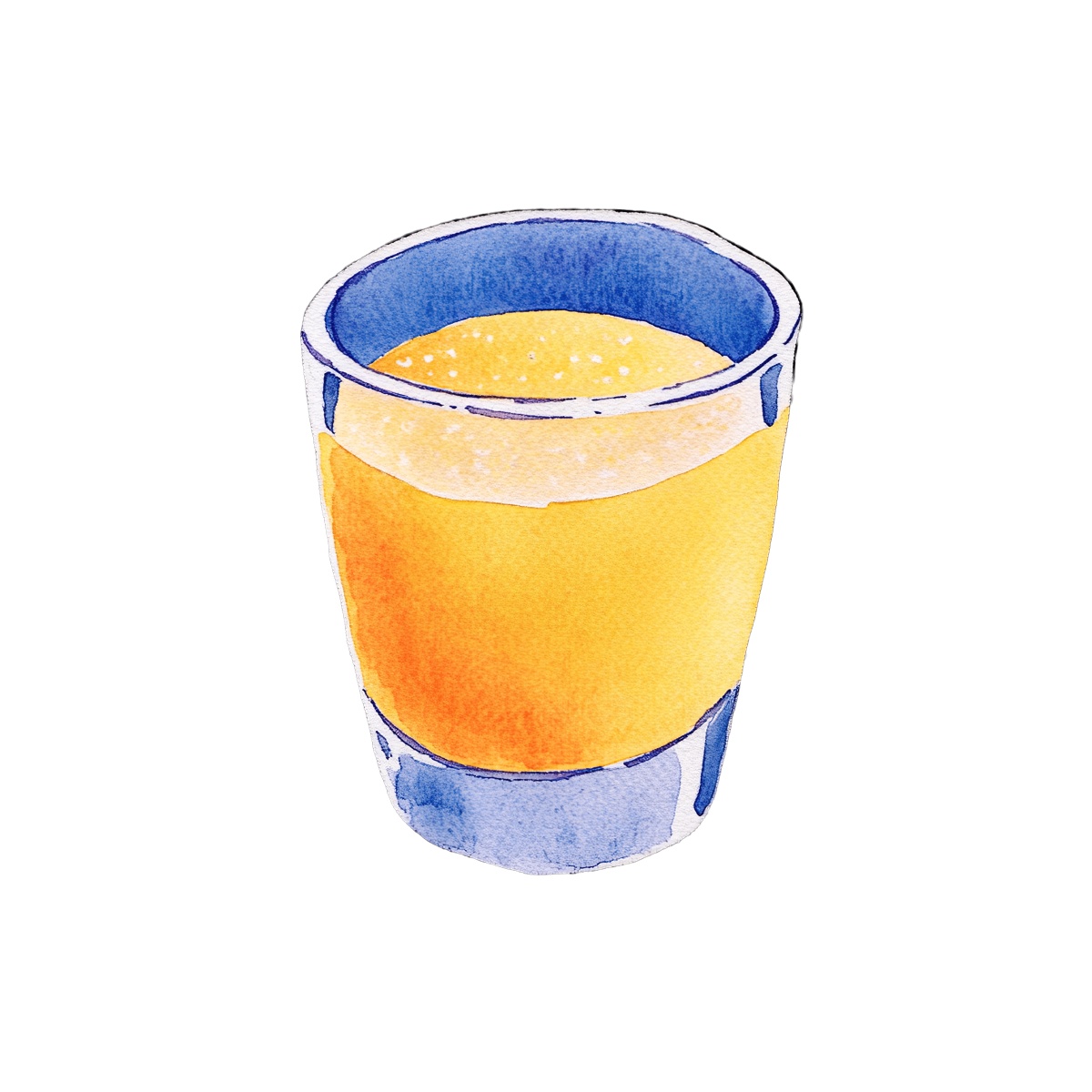 Watercolor style glass of orange juice with a blue rim