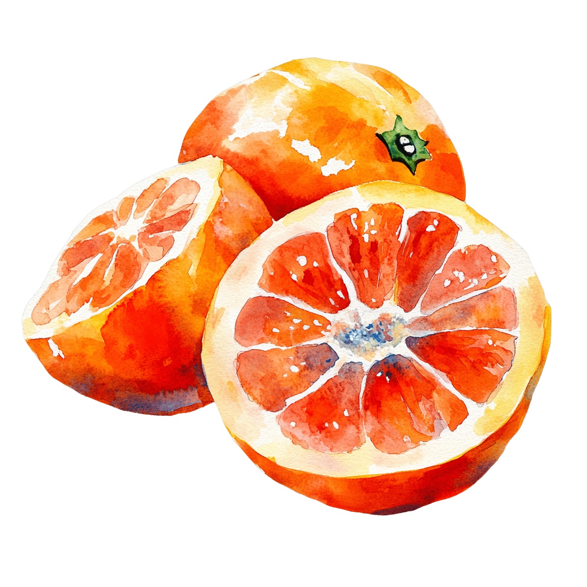 Watercolor artwork of grapefruit halves and a whole fruit