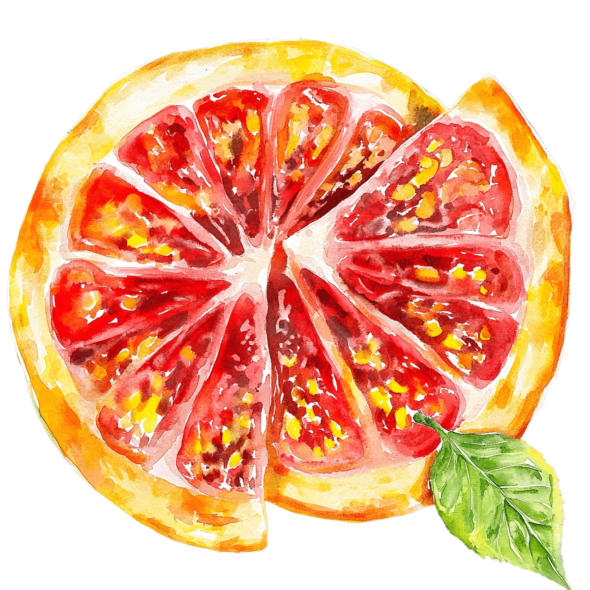 Watercolor grapefruit slice with a green leaf on the side.