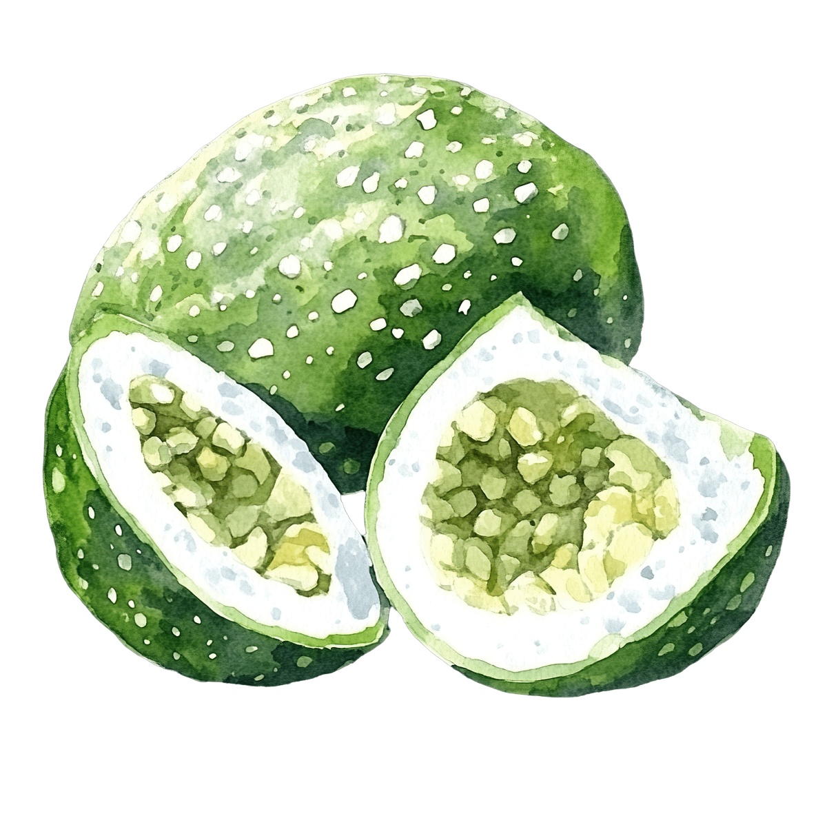 Watercolor depiction of a green citrus fruit with a halved section