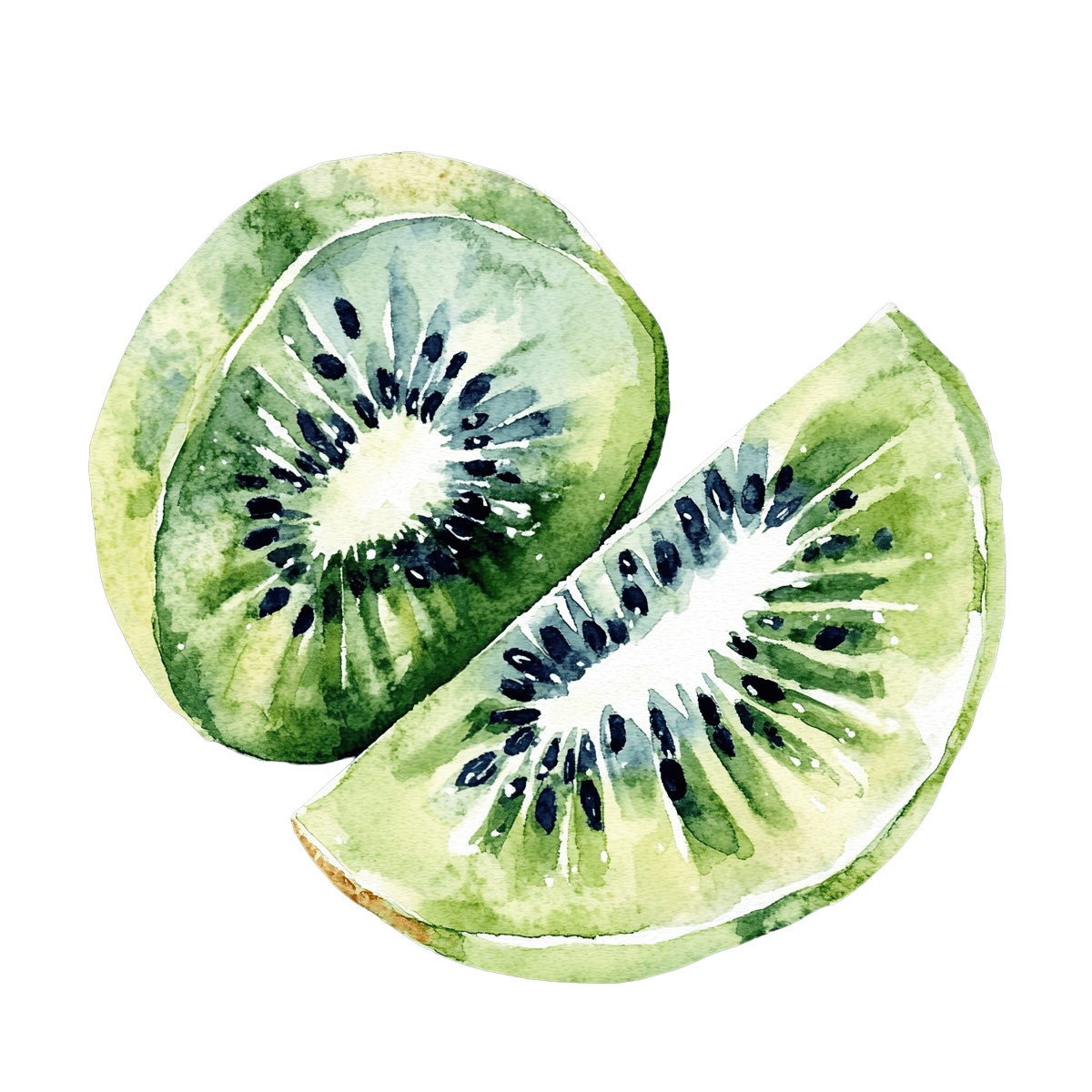Watercolor kiwi slices with detailed seeds and vibrant green color.