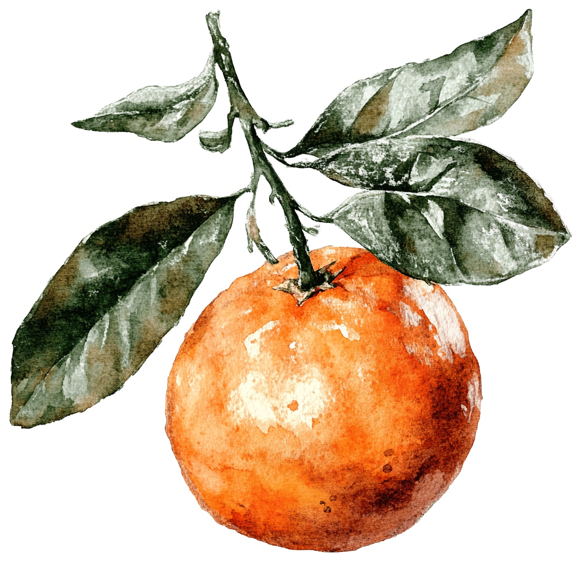 Watercolor orange fruit with green leaves on a branch