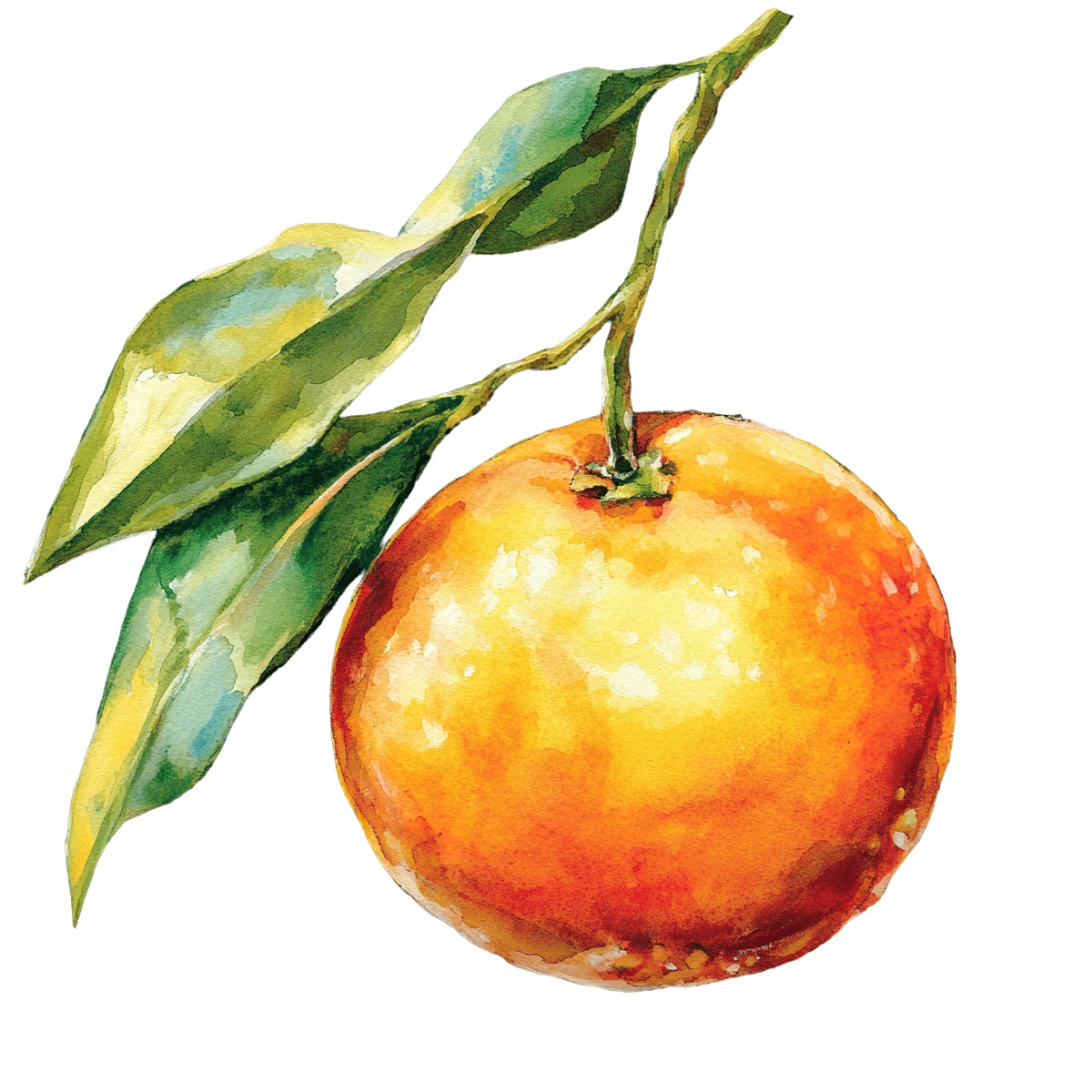 Watercolor orange with green leaves on a branch, vibrant and detailed
