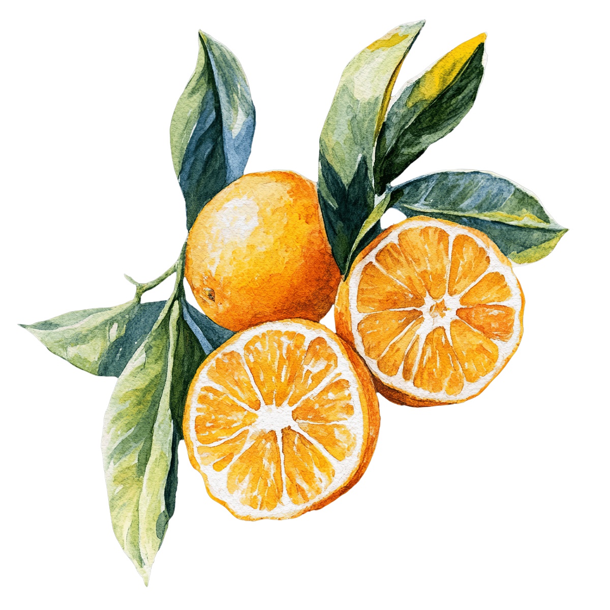 Watercolor art of whole and sliced oranges with green leaves