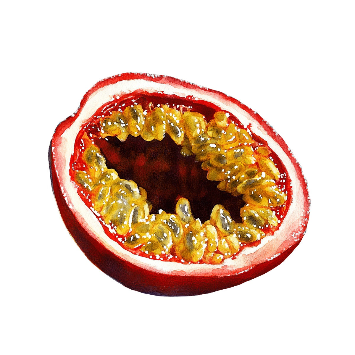 Watercolor art of a passion fruit half with seeds exposed.