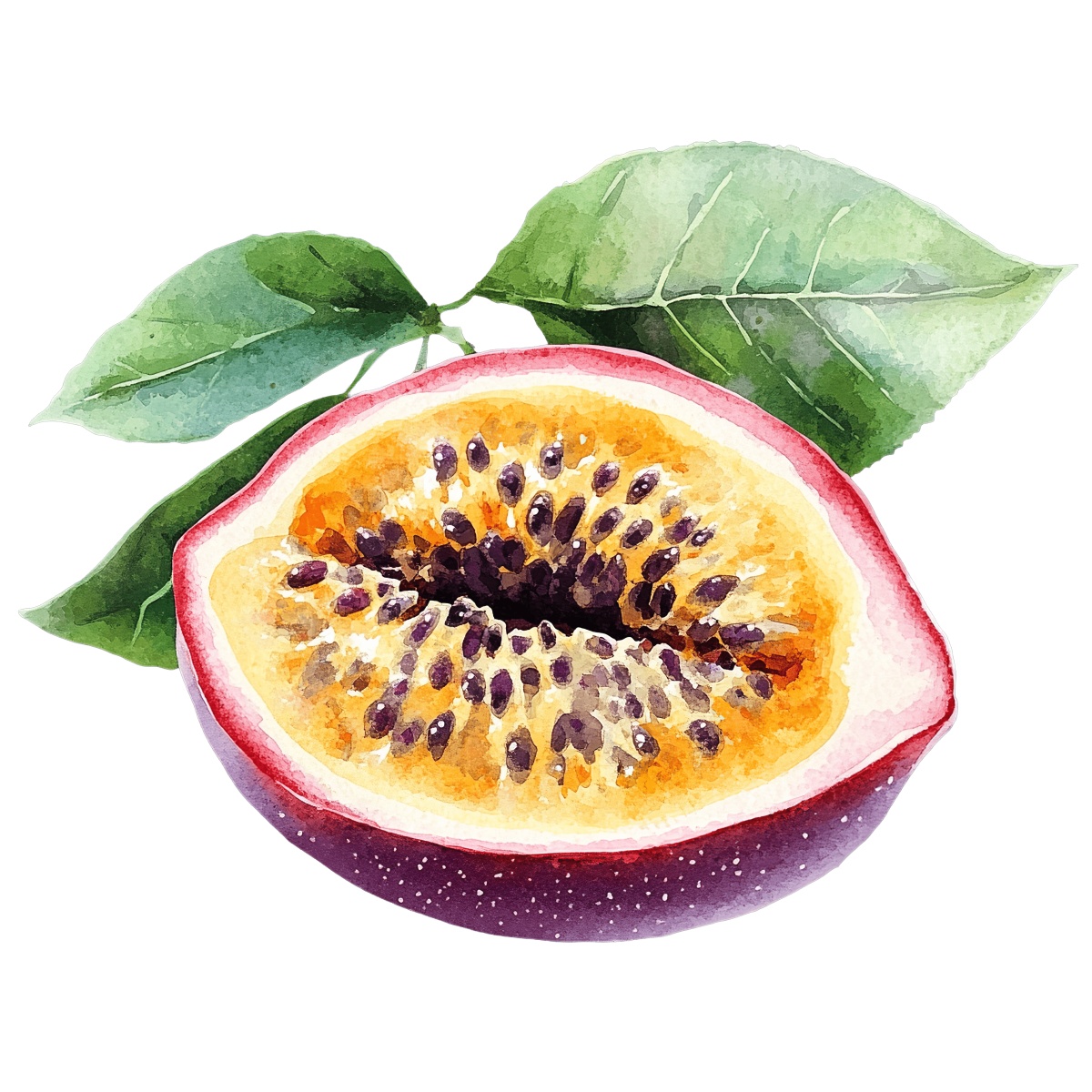 Watercolor art of a halved passion fruit with green leaves.
