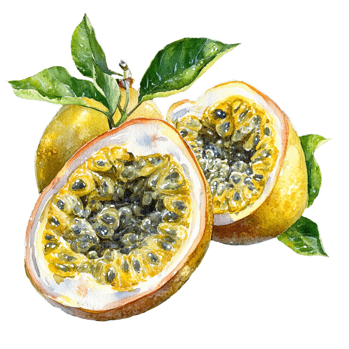 Watercolor art of passion fruit with leaves and a halved view