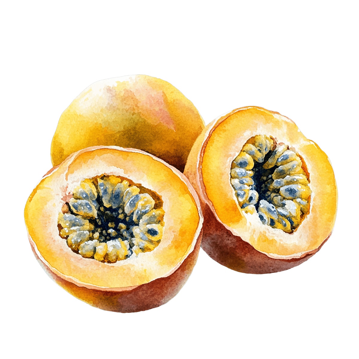 Watercolor artwork of passion fruits, featuring halved and whole pieces