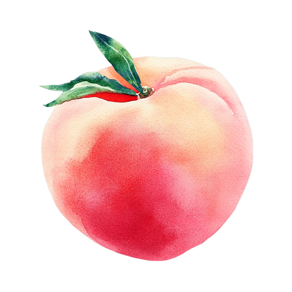 Watercolor peach with green leaves on a