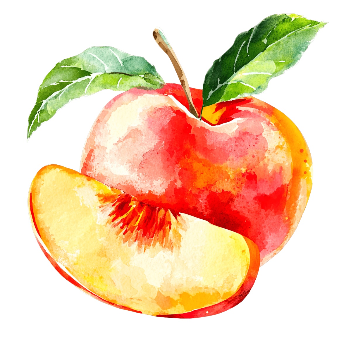 Watercolor peach with a leaf and a slice.