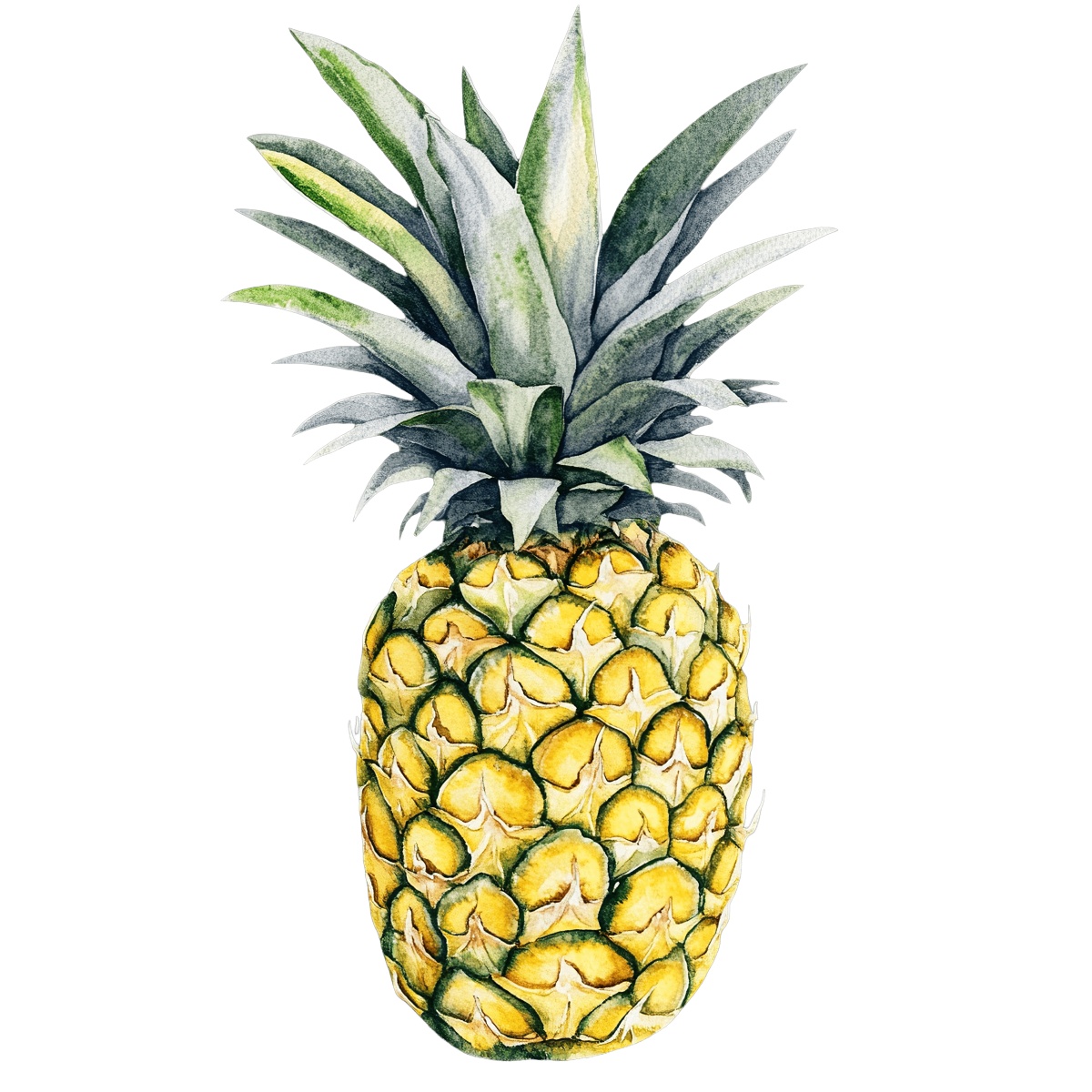 Watercolor pineapple with green leaves and textured yellow skin