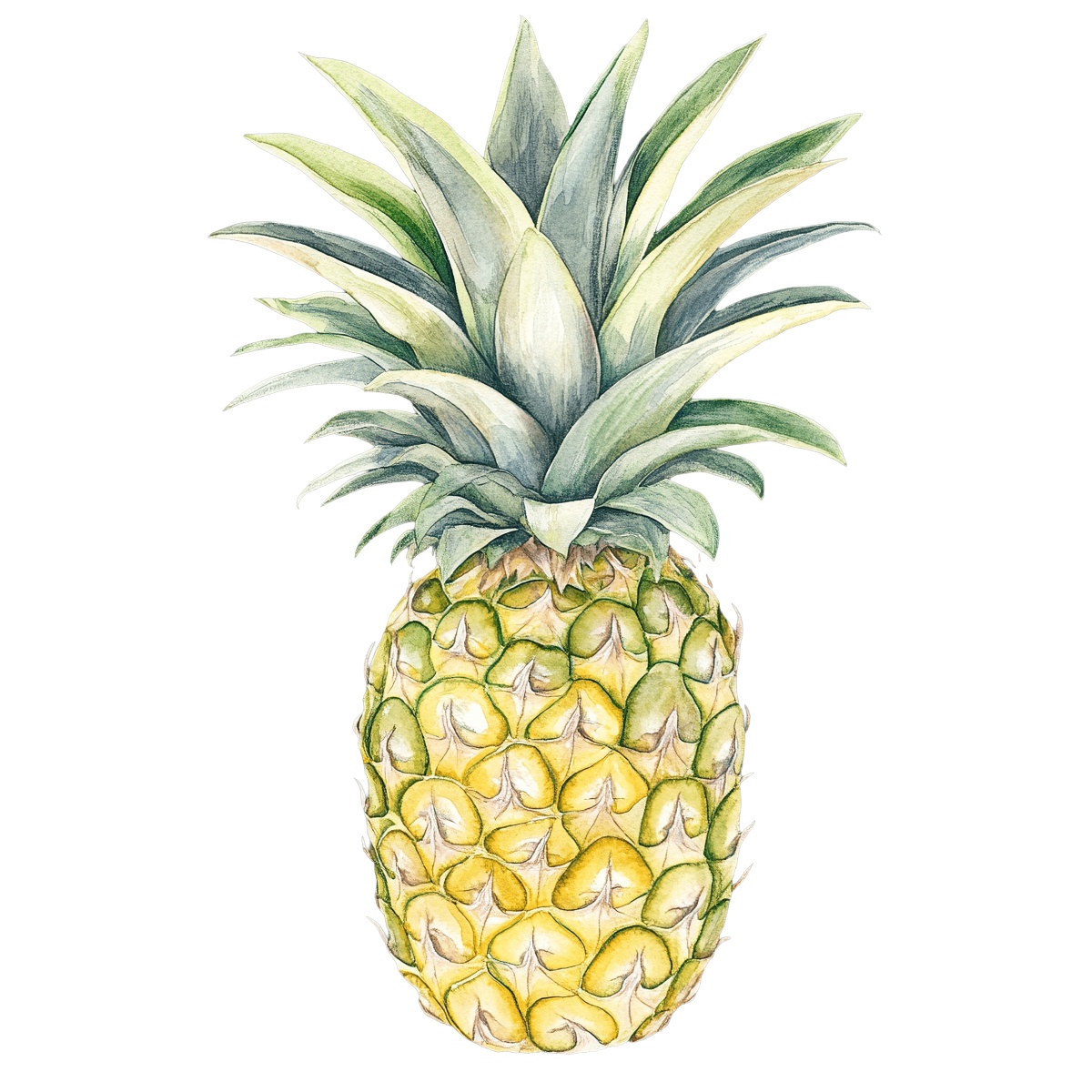 Watercolor pineapple with detailed leaves and textured skin
