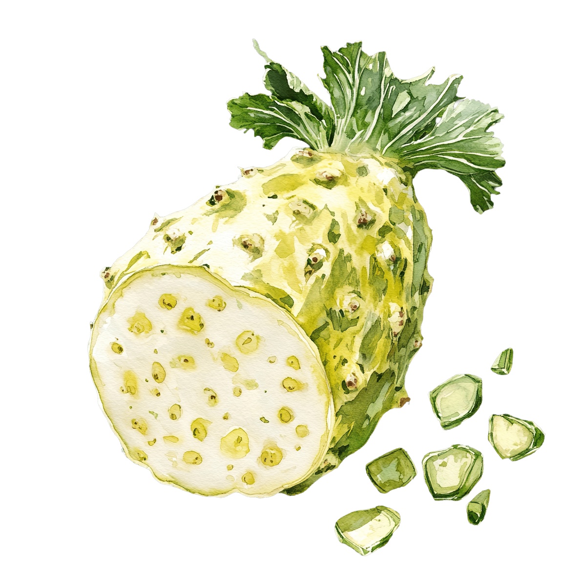 Watercolor pineapple with slices and green leaves in a detailed style.