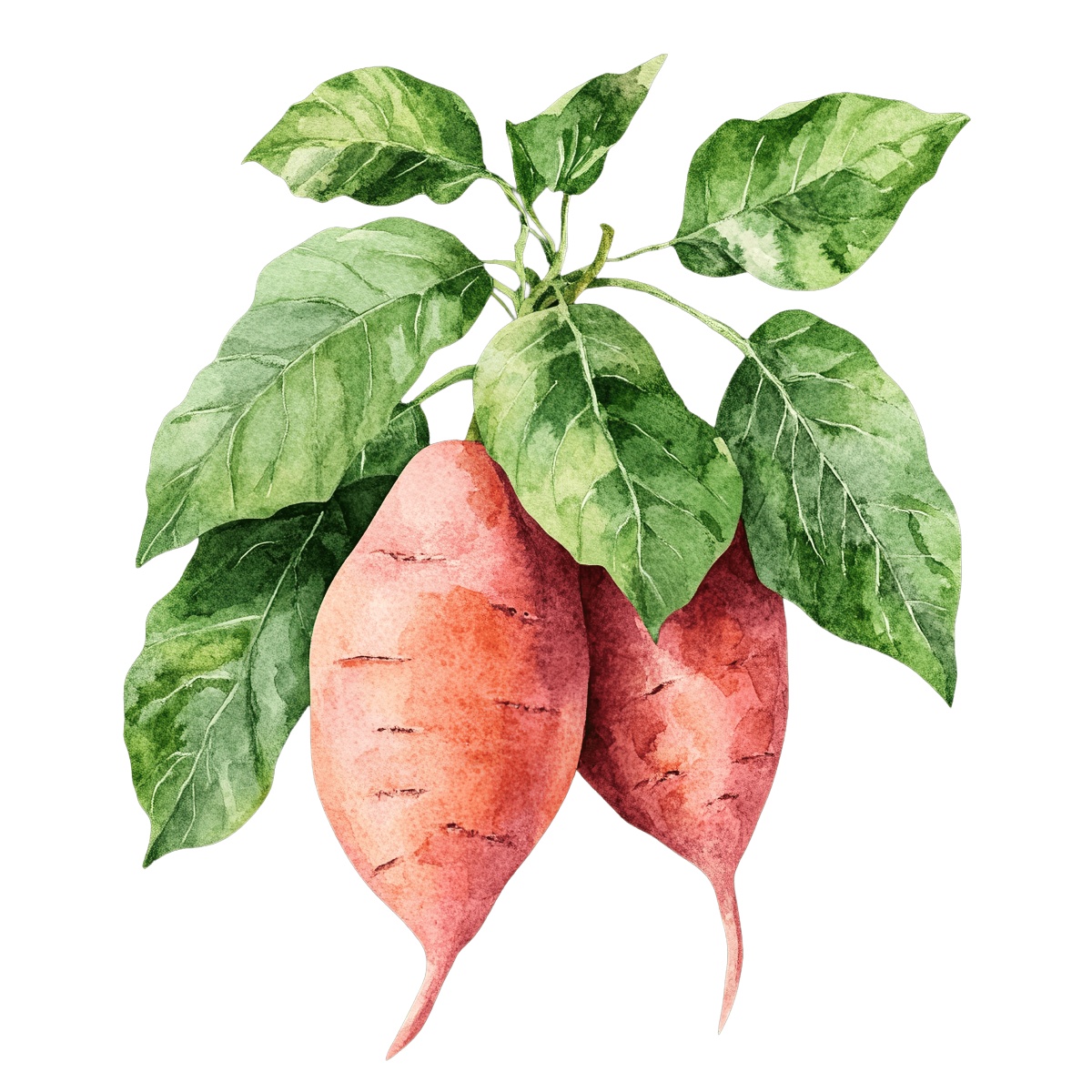 Watercolor sweet potatoes with green leaves in a botanical style.