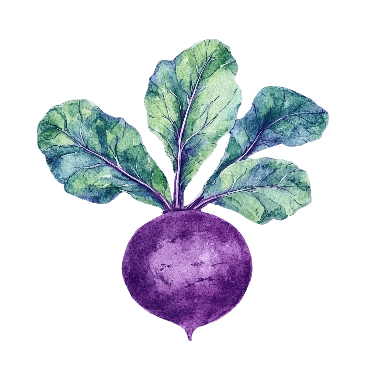 Watercolor art of a purple beetroot with green leaves.