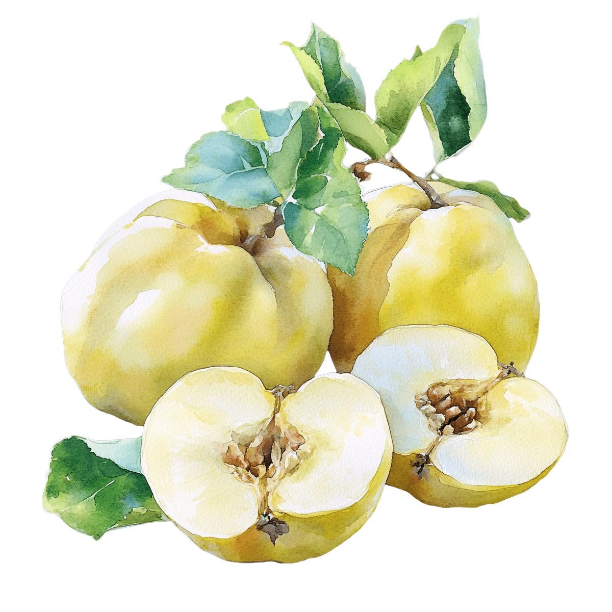Watercolor quince fruits with green leaves and sliced halves depicted.