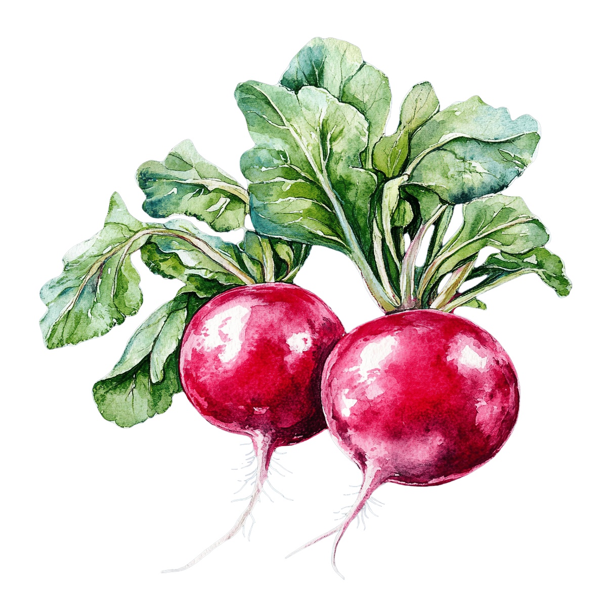 Watercolor radishes with green leaves and white roots depicted in detail.
